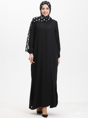 Siyah Keten Görünümlü Ferace Kollar Kolu Lastikli Yırtmaçlı Fermuarlı