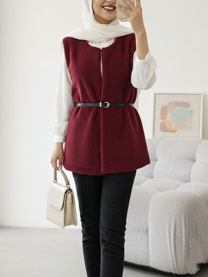 Bordo Beli Kemerli Çift Cepli Astarlı Peluş Yelek