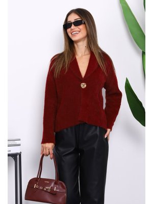 Bordo Tek Düğmeli Angora Yumoş Hırka