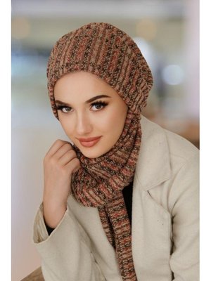 Taba Çizgili Triko Kelebek Bone Şal