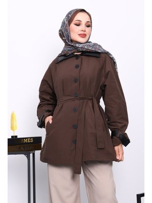 Kahverengi Deri Detaylı Kuşaklı Trençkot