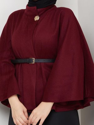 Kaşe Sarı Dügmeli Deri Kemerli Panço Kaşe Sarı Dügmeli Deri Kemerli Panço