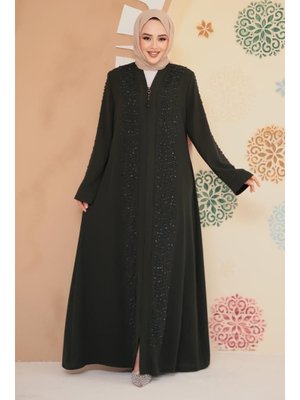 Boncuk İşlemeli Haki Ferace 29127hk