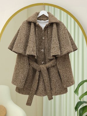 Açık Kahve Bolerolu Beli Kemerli Düğmeli Kaşe Kap