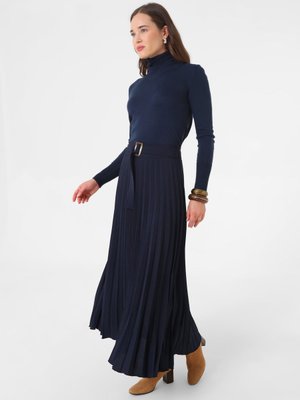 Lacivert Beli Kemer Detaylı Piliseli Etek