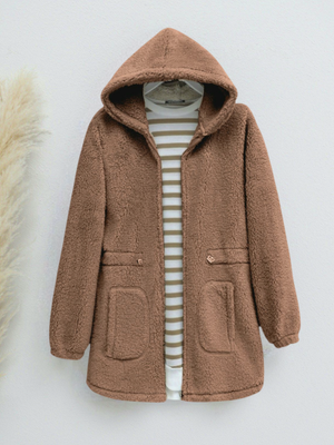 Taba Beli Lastikli Kapüşonlu Fermuarlı Peluş Mont