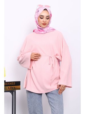 Pudra Bisiklet Yaka Bel Kuşaklı Tunik Pudra Bisiklet Yaka Bel Kuşaklı Tunik