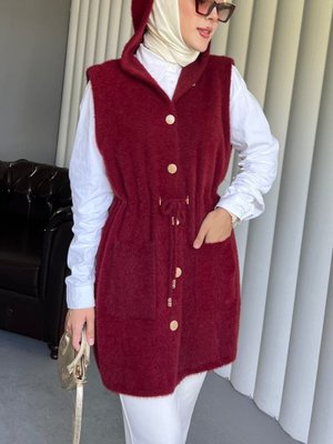 Bordo Kapüşonlu Cepli Beli Bağlamalı Sakallı Yelek