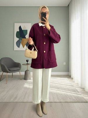 Mürdüm Çift Cepli Önü Düğmeli Kaşe Ceket