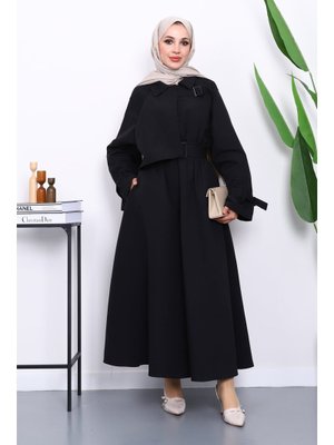 Siyah Bel Lastikli Kemerli Trenç