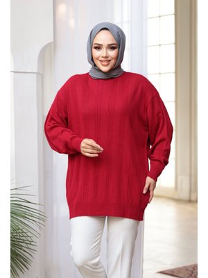 Çizgi Detaylı Kırmızı Triko Kazak Tunik 30661k Çizgi Detaylı Kırmızı Triko Kazak Tunik 30661k