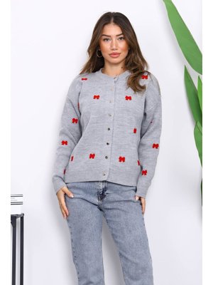 Gri Fiyonk Nakışlı Triko Hırka