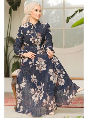 Çiçek Desenli Lacivert Elbise 50355l Çiçek Desenli Lacivert Elbise 50355l