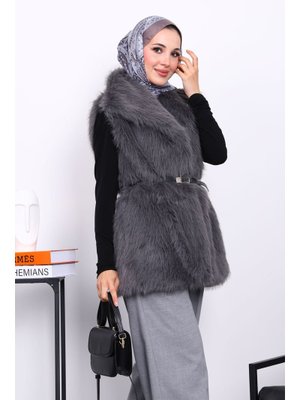 Füme Astarlı Kemerli Kürk Yelek