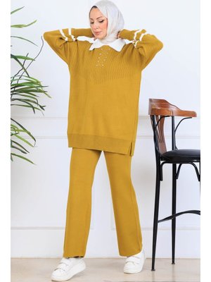 Yağ Yeşili Taş İşlemeli Triko Takım