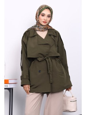 Haki Kruvaze Yaka Astarlı Kısa Trençkot Haki Kruvaze Yaka Astarlı Kısa Trençkot