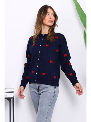 Lacivert Fiyonk Nakışlı Triko Hırka