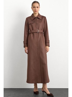 Gömlek Yaka Çıt Ve Deri Detaylı Gabardin Süet Pardesü Kahve