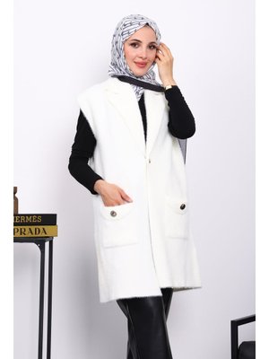 Ekru Cepli Uzun Angora Yumoş Yelek