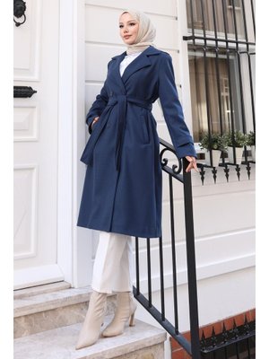 Lacivert Kuşaklı Kaşe Kaban