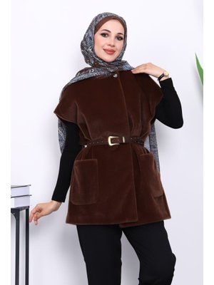 Kahverengi Cepli Kemerli Kaşe Yelek