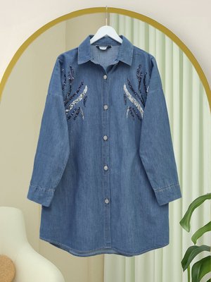 İndigo Pul Payetli Metal Düğmeli Salaş Kot Gömlek