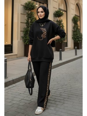 Siyah Leopar Nakışlı Şardonlu İkili Takım