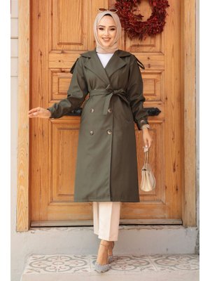 Düğmeli Koyu Haki Trençkot 647khk