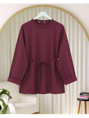 Bordo Kolu Katlı Beli Bağlamalı Yırtmaçlı Kompakt Penye Tunik Bordo Kolu Katlı Beli Bağlamalı Yırtmaçlı Kompakt Penye Tunik