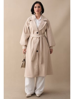 Kruvaze Balon Kol Kuşaklı Bej Kaşe Kaban