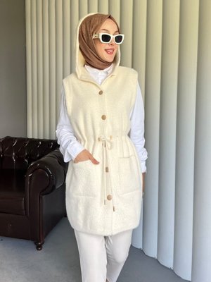 Ekru Kapüşonlu Cepli Beli Bağlamalı Sakallı Yelek