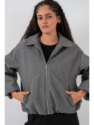 Gri Büzgülü Oversize Kaşe Ceket Gri Büzgülü Oversize Kaşe Ceket