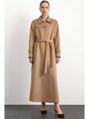 Gömlek Yaka İşleme Detaylı Süet Görünümlü Büyük Beden Pardesü A.kamel