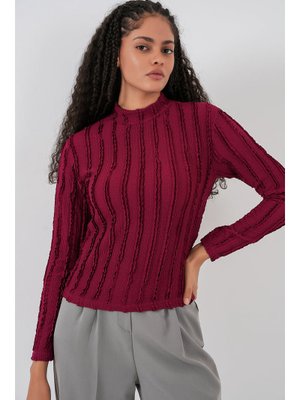 Bordo Dokulu Esnek Örme Bluz Bordo Dokulu Esnek Örme Bluz