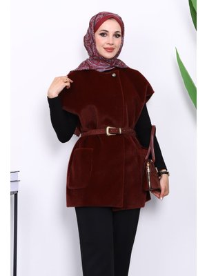 Bordo Cepli Kemerli Kaşe Yelek