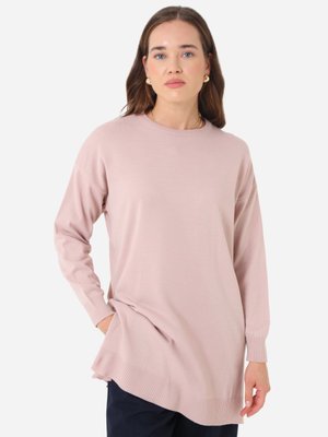 Pudra Bisiklet Yaka Yırtmaçlı Triko Tunik