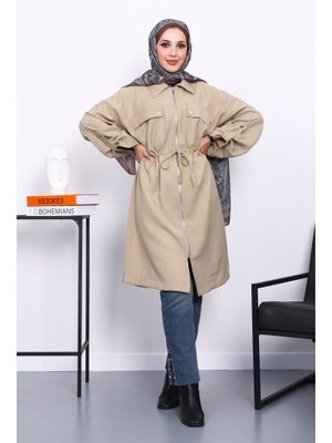 Haki Bel Kuşaklı Çift Cepli Gabria Kap