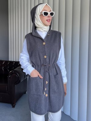 Füme Kapüşonlu Cepli Beli Bağlamalı Sakallı Yelek