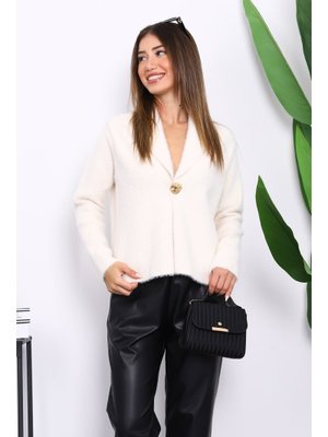 Krem Tek Düğmeli Angora Yumoş Hırka