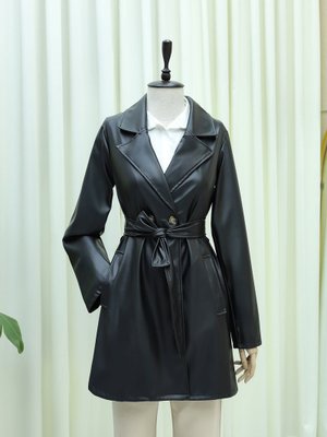 Siyah Tek Düğmeli Cepli Belden Bağlamalı Deri Trençkot