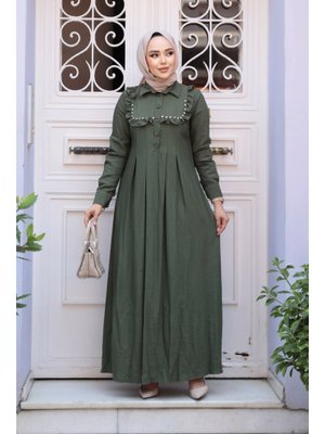 Düğme Detaylı Haki Elbise 7224hk Düğme Detaylı Haki Elbise 7224hk