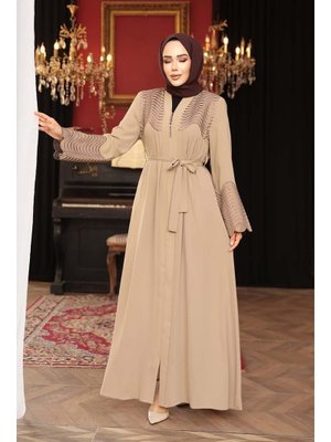 Boncuk Detaylı Bej Abaya 29105bej