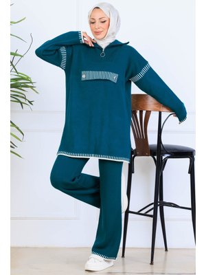 Zümrüt Yeşili Yakası Fermuarlı Triko Takım