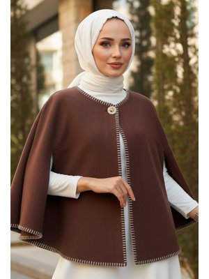 Kahverengi Tek Düğmeli Kaşe Panço