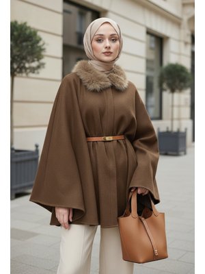 Kahverengi Kürk Yaka Kaşe Panço