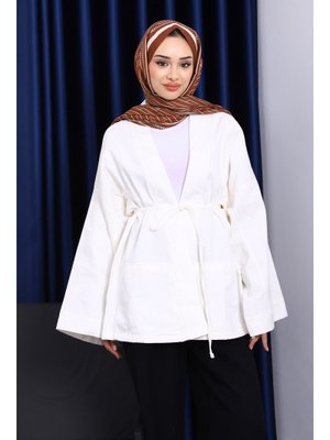 Ekru Cepli İp Detaylı Kanvas Ceket