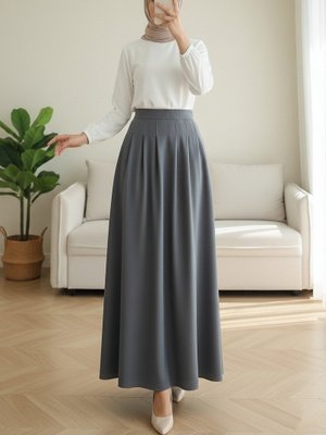 Gri Fermuarlı Cepli Pliseli Krep Etek