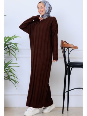 Kahverengi Kendinden Çizgili Triko Elbise