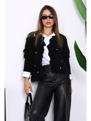 Siyah Düğme Detaylı Angora Yumoş Triko Hırka