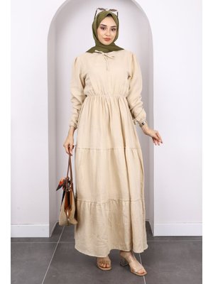 Vizon Yaka Bağlamalı Eteği Katlı Muslin Elbise Vizon Yaka Bağlamalı Eteği Katlı Muslin Elbise